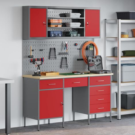 vidaXL Work Cabinet 7 pcs Red and Grey Engineered Wood and Steel (1/5)