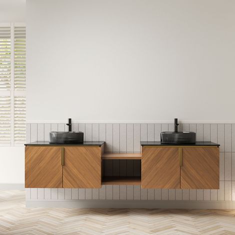 Waschtisch Sperrholz Braun-Eiche/Schwarz, 192 cm, wandhängend, mit 2 Glasbecken, Sinterstein-Arbeitsplatte und Stauraum