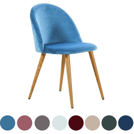 Silla de comedor individual de terciopelo Lucia - Silla de comedor moderna tapizada con respaldo curvo y patas de madera - Azul (1/5)