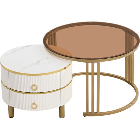 Runde Couchtische Gigognes mit 2 Schubladen, Weiß Hochglanz und Braun Hartglas, aus MDF, Weiß, 70×70×45 + 50×50×40 cm (1/5)