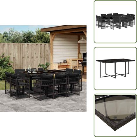 The Living Store 11-tlg. Garten-Essgruppe mit Kissen Schwarz Poly Rattan - Gartentisch - Gartenmöbel Set - Esstisch - Gartenstühle - Outdoor Möbel