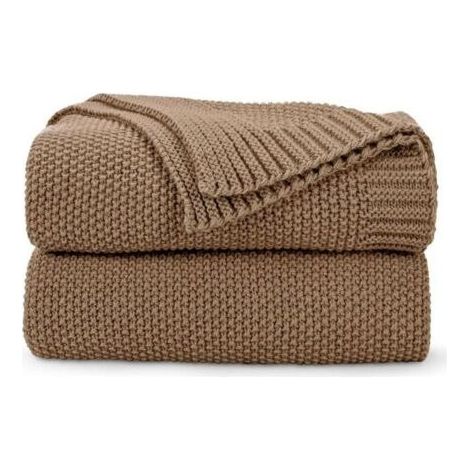 Plaid marron caramel, doux et confortable, en maille torsadée, pour lit, canapé et salon, 127 x 152 cm, marron clair (1/3)