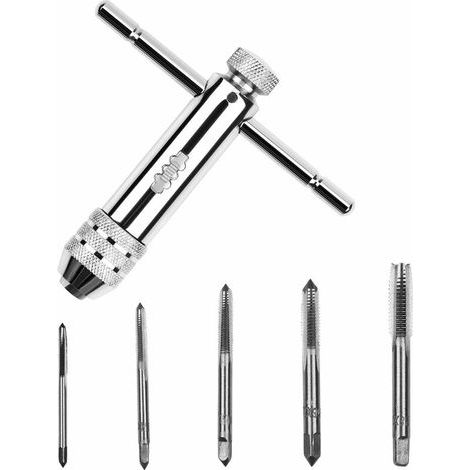 6-teiliger T-Griff-Ratschen-Gewindebohrerschlüssel, verstellbarer Gewindebohrerschlüssel mit M3-M8-Gewinde, umkehrbarer Ratschen-Gewindebohrerschlüssel mit 5-teiligem Linksgewinde-Gewindebohrerschlüss (1/4)