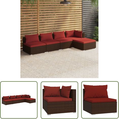 The Living Store 5-tlg. Garten-Lounge-Set mit Kissen Poly Rattan Braun - Gartensortiment - Lounge Möbel - Outdoor Furniture - Gartenloungesessel - Esszimmergarnitur (1/5)