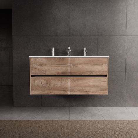Inda - Badezimmerschrank mit 4 Schubladen, L. 120, mit doppeltem Hochglanzwaschbecken / Natureiche – Diamante