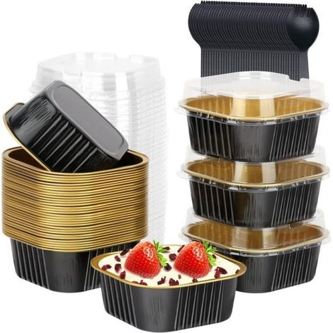 40 moldes cuadrados para pasteles, 300 ml, aluminio con tapas y cucharas, para horno y freidora de aire, negro y dorado. (1/5)