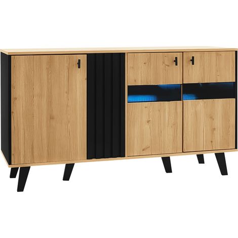 Madia 140 x 78,5 x 41 cm effetto legno e nero con 3 ante, ripiani, vetro e LED HOMVRA (1/5)