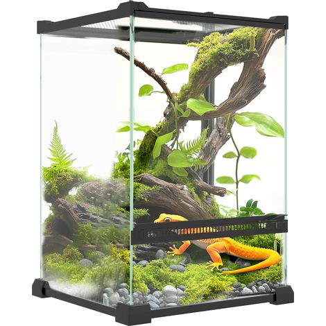 Terrario in vetro da 12 litri per rettili con coperchio in rete metallica, 20 x 20 x 30 cm, nero.