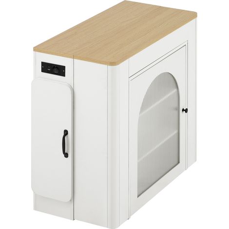 Isla de cocina extensible con ruedas, blanco y natural, MDF, vidrio, HOMVRA (1/5)