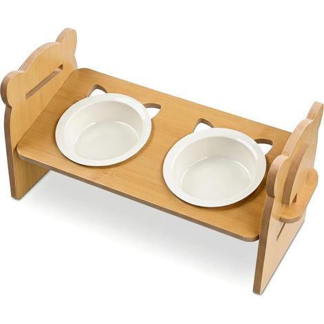 Cat Food Dispenser and Water Bowl, 15° Tilted Raised Feeding Station with 2 Ceramic Bowls for Cats and Small Dogs (1/5)