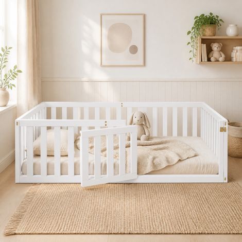 Kinderbett 90x200 cm Weiß aus Massivholz mit Zaun und Tür (1/5)