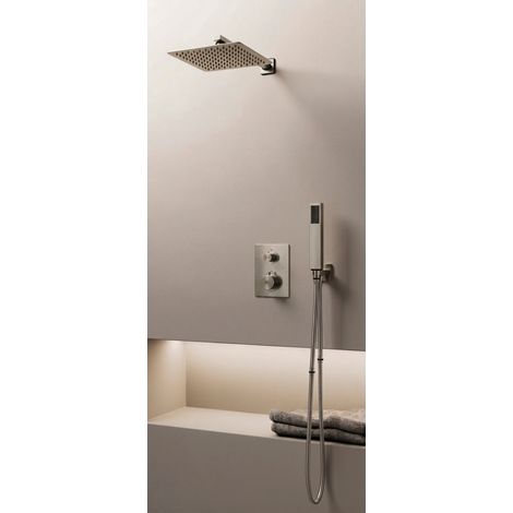 Grifo serie Orion para conjunto de ducha empotrable titanio termostático rociador a pared