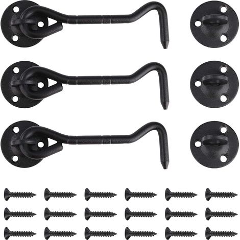 3pcs 100mm Black Stainless Steel Hook Door Latch with Screws for Warehouse Doors Windows Pet Doors (1/4)