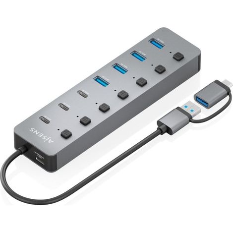 Aisens Hub USB Tipo-C + USB 3.1 ASUC-8P043-GR/ 4xUSB/ 3xUSB Tipo-C/ 1xUSB Tipo-C PD/ Gris