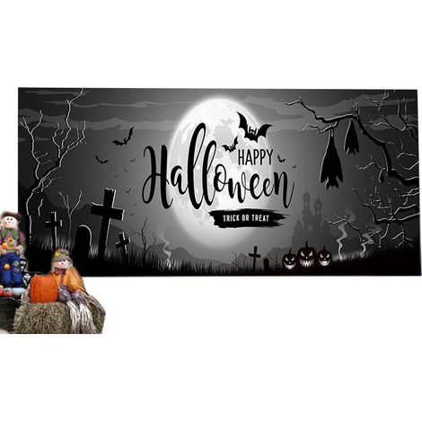 1 Bannière de porte de garage Halloween, toile de fond suspendue 180x400 cm, décoration murale extérieure, cimetière hanté (1/5)