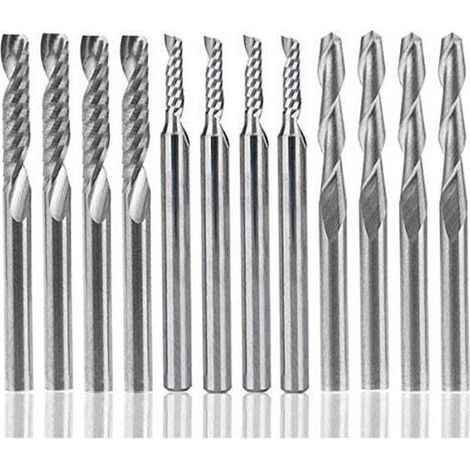 Fraise En Carbure De Tungstène 12 Pcs, 4 Pcs 1/8 "Pour Fraises Cnc Outils À Double Cannelure + 8 Fraises À 1 Arête Simple Pcs (2 Types) Pour Nylon, Résine, Abs, Acrylique, Pvc, Mdf, Bois