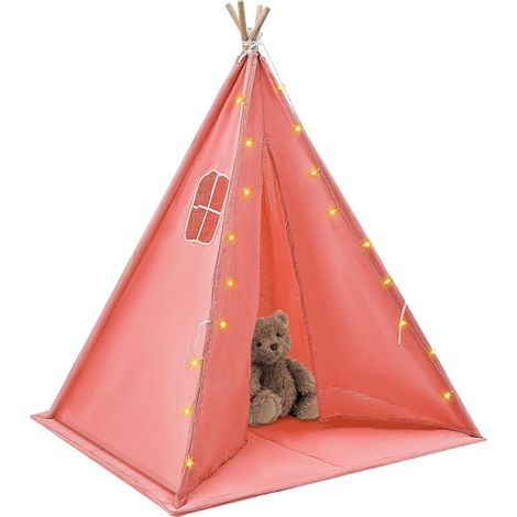 Tipi - Tente tipi pour enfant - 120 x 120 x 140 cm - Tente de jeu pliable pour l'intérieur - Tente de jeu pour enfant - Avec tapis - Guirlande lumineuse - Rose