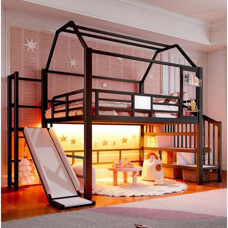 Letto a soppalco per bambini 140x200 cm nero in metallo e MDF con scivolo, LED Bluetooth e contenitori (1/5)