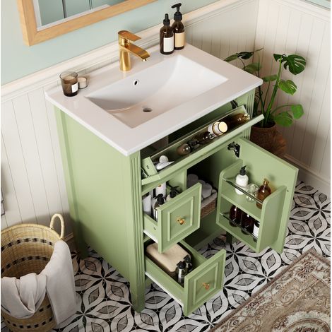 MODFU – Mueble bajo lavabo 61 cm de MDF/cerámica con lavabo, cajones, puerta soft-close, acabado brillante y carga 45 kg – Verde brillante (1/5)