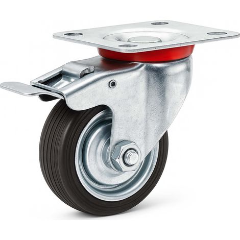 Rueda auxiliar giratoria Doble freno 75mm Goma maciza Base metal Llanta robusta Montaje Bricolaje (1/5)
