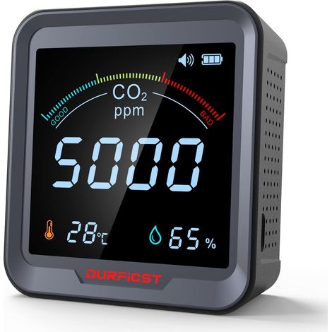 Détecteur CO2 portable NDIR – Mesure 400-5000 ppm – Température et humidité – Autonomie 18h – Installation murale facile – Durficst (1/5)