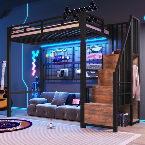 Cama alta 90x200 cm negra de metal con escalera-armario, rejilla y LED de 7 colores (1/5)