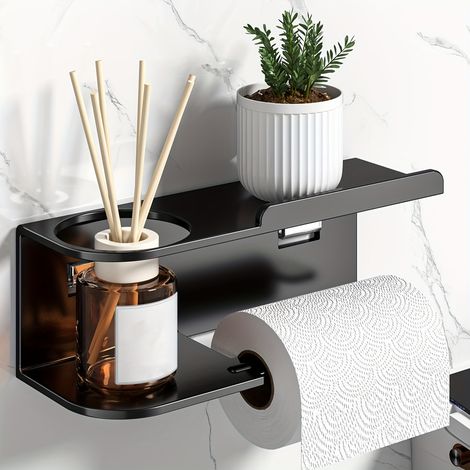 Lot de 2 porte-essuie-tout mural pour salle de bain, support de rangement multifonctions sans perforation, noir (1/5)