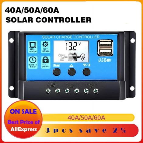 Contrôleur De Charge Solaire - 60 A - 12 V / 24 V - PWM - Écran LCD - Double Port USB - Pour Système Photovoltaïque (1/5)