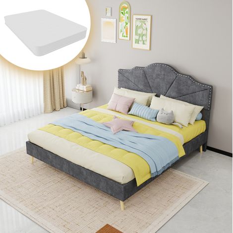 Doppelbett 160x200 cm aus grauem Stoff mit Kopfteil und Matratze – MEUBLIV (1/5)