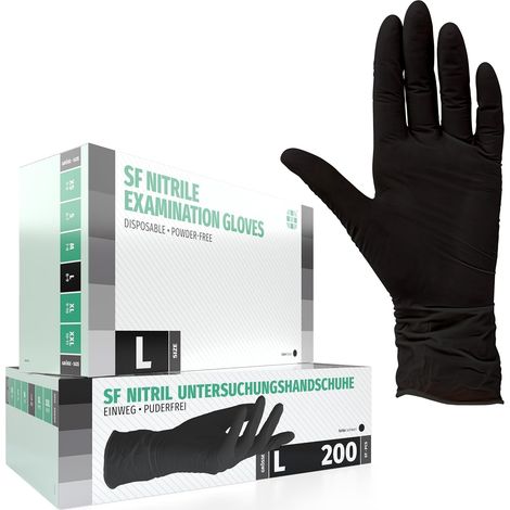 SF Gants nitrile L noirs - 200 gants jetables, non poudrés, sans latex, résistants, pour cuisine, ménage, mécanique, tatouage, usage médical, coiffure, gants alimentaires, protection chimique (1/5)