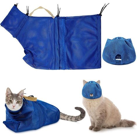 VURAHOME – 2-teiliges Katzenpflege-Set mit Waschbeutel, atmungsaktivem Netzgewebe, verstellbarem, kratzfestem Katzenmaulkorb für Kätzchen (1/5)