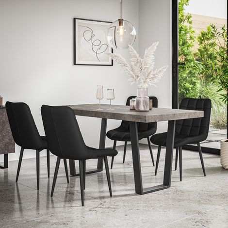 Aria Dining Table And Chairs - Grey Table Top w Black Legs + Nova Faux Leather Dining Chair Set Of 6 (Black) (1/5)