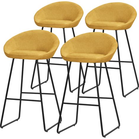 ML-Design 4x Taburetes de Bar Altos Mostaza con Funda de Tela 75cm, Sillas con Estructura Metálica, Asientos de Cocina con Respaldo y Reposapíes, Sillones de barra, Mueble de Mostrador de Bistro (1/5)