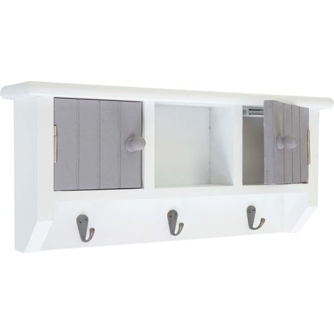 Mueble de entrada de pared con porta llaves, puertas y estante de madera maciza blanco grisáceo 040003587
