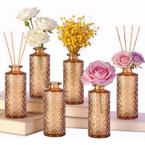 Petit Vase Transparent, Lot de 6 Vase Décoratif Tons Ambrés, Vases Fleur Deco Table en Verre 13 x 5 x 5 cm, pour Pampa Mariage Decoration, Deco Mariage Champêtre, Centre de Table (1/5)