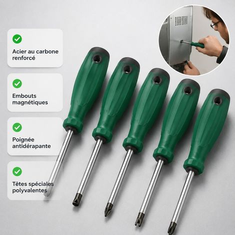 Lot de 5 Tournevis Embouts Speciaux Acier Carbone Triangle U Y Croix 160 mm Magnetique (1/4)