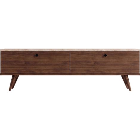 Meuble TV 2 portes plateau effet travertin et bois L140cm - Bois foncé - Yara (1/5)