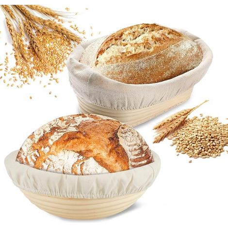 Lot de 2 paniers à pain – Rotin naturel – Doublure en lin – 1 rond 25 x 8 cm + 1 ovale 25 x 15 x 8 cm – Pour boulangers (1/5)