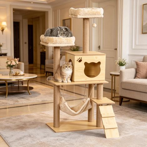 Arbre à chat en bois tendre, arbre à chat, centre d'activités multi-niveaux pour chat (uniquement avec l'arbre à chat) (1/4)