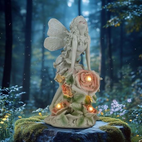 Statue de jardin d'ange solaire, lampe de prière d'ange solaire, sculpture d'ange féerique, statue de jardin extérieure, figurine d'ange gardien, sculpture extérieure décorative fée elfique étanche (1/5)