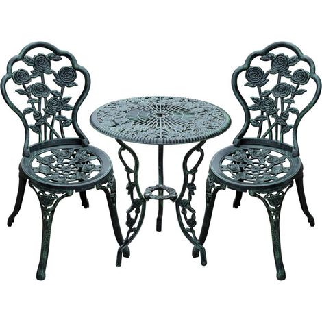 Ensemble Salon de Jardin 2 Places 2 chaises + Table Ronde Style néo-rétro Motif Rose Lignes fuselées Fonte d'aluminium Vert Vieilli (1/3)