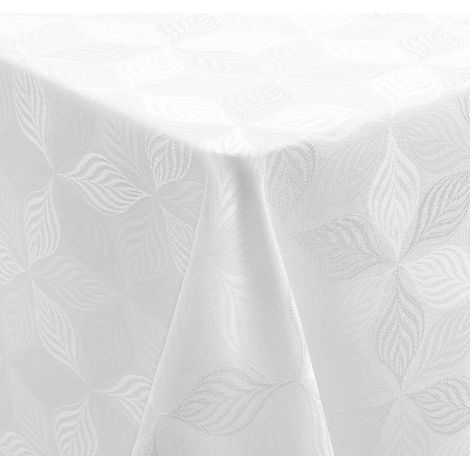 Nappe lavable 140x220cm Jacquard motif feuilles, anti-taches, facile d'entretien, blanc