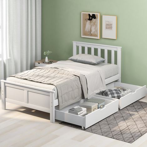 Wooden Solid White Pine Storage Bed with Drawers Bed Furniture Frame for Adults, Kids, Teenagers 3ft Single (White 190x90cm)
