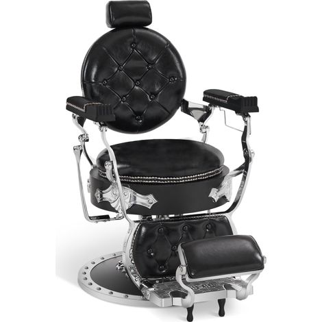 Barberpub Friseurstuhl mit Kopfstütze Kippbar, Barber Stuhl Retro Vintage, Drehbar & Höhenverstellbar,  Hydraulisch, Kunstleder, 8688BK (Silber-Schwarz) (1/5)