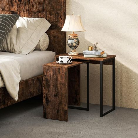 GOPLUS Lot de 2 Tables Basses Gigognes, Petites Tables d'Appoint Rectangulaires Modernes avec Plateau en Imitation Bois et Cadre en Métal Robuste,pour Salon et Chambre, Charge 20+20 KG (1/5)
