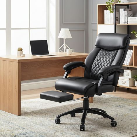 Fauteuil de Bureau Ergonomique avec Repose-Pieds Rétractable, Dossier Haut Inclinable 90°-130°, Similicuir, Noir (1/5)