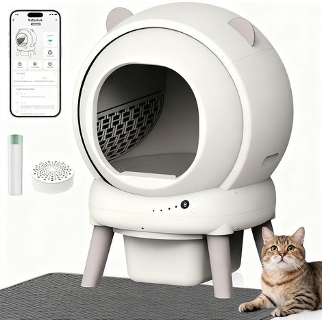 Litière chat autonettoyante capacité maximale de 65l, bac à litière pour chat alerte intelligente via contrôle app, surveillance santé, capteur infrarouge, adapté à de nombreux types de litière