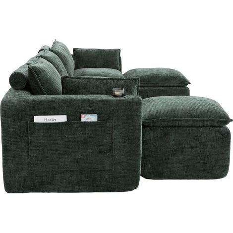 Modulares 4-Sitzer-Sofa aus dunkelgrünem Chenille mit 2 Hockern und Kissen (1/5)