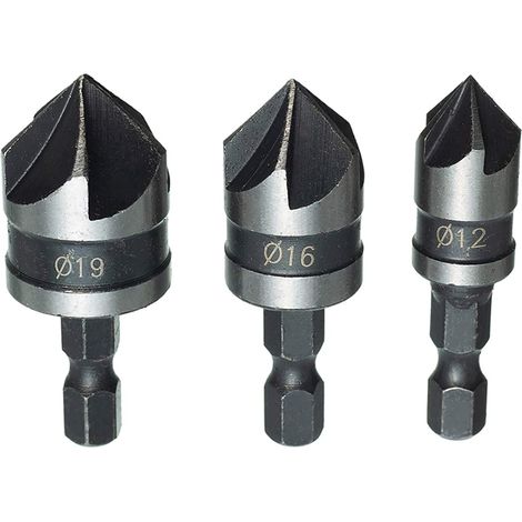 3 Pièces 1/4" Tige Hexagonale HCS Fraise à Chanfreiner 5 Flûte 90 Degrés Foret Embouts Pour Phanfreiner Évier à Fraise Conique 12mm/16mm/19mm Pour Bois, Plastique, Aluminium