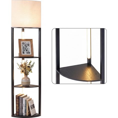 Lamdaire Angle avec 3 Étagères, Lampe sur Pied Salon, Luminosité Réglable, Poteaux de Lampe Pivotants, Abat-Jour en Lin, Interrupteur au Pied, Lampadaire pour Salon Chambre (Noir) (1/5)
